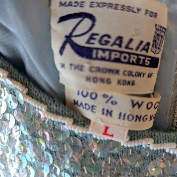 Vintage Regalia Imports Sequin Tank White Floral Beads on Blue Wool L - Picture 2 of 16